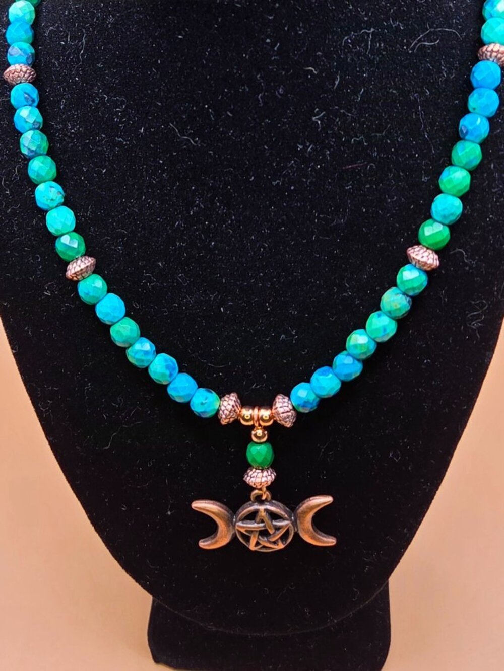 Faceted Azurite and Copper Beaded Necklace with Triple Moon Pendant
